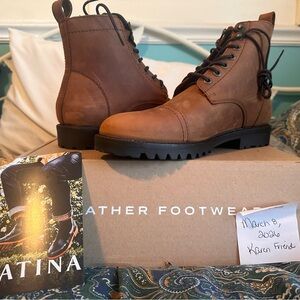 Men's Tan Leather Lace-Up Cap-Toe Boots with Lug Sole